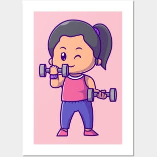 Cute Woman Lifting barbell Cartoon Posters and Art